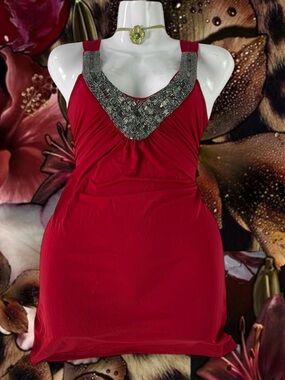Y2K Style Beaded Embellished Top Vneck Red Stretch Sz M Party Blouse